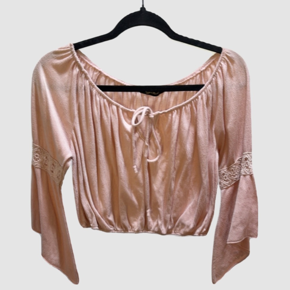 Raggs 2 Riches off the shoulder pink crop top with tie neck and flowy sleeve M